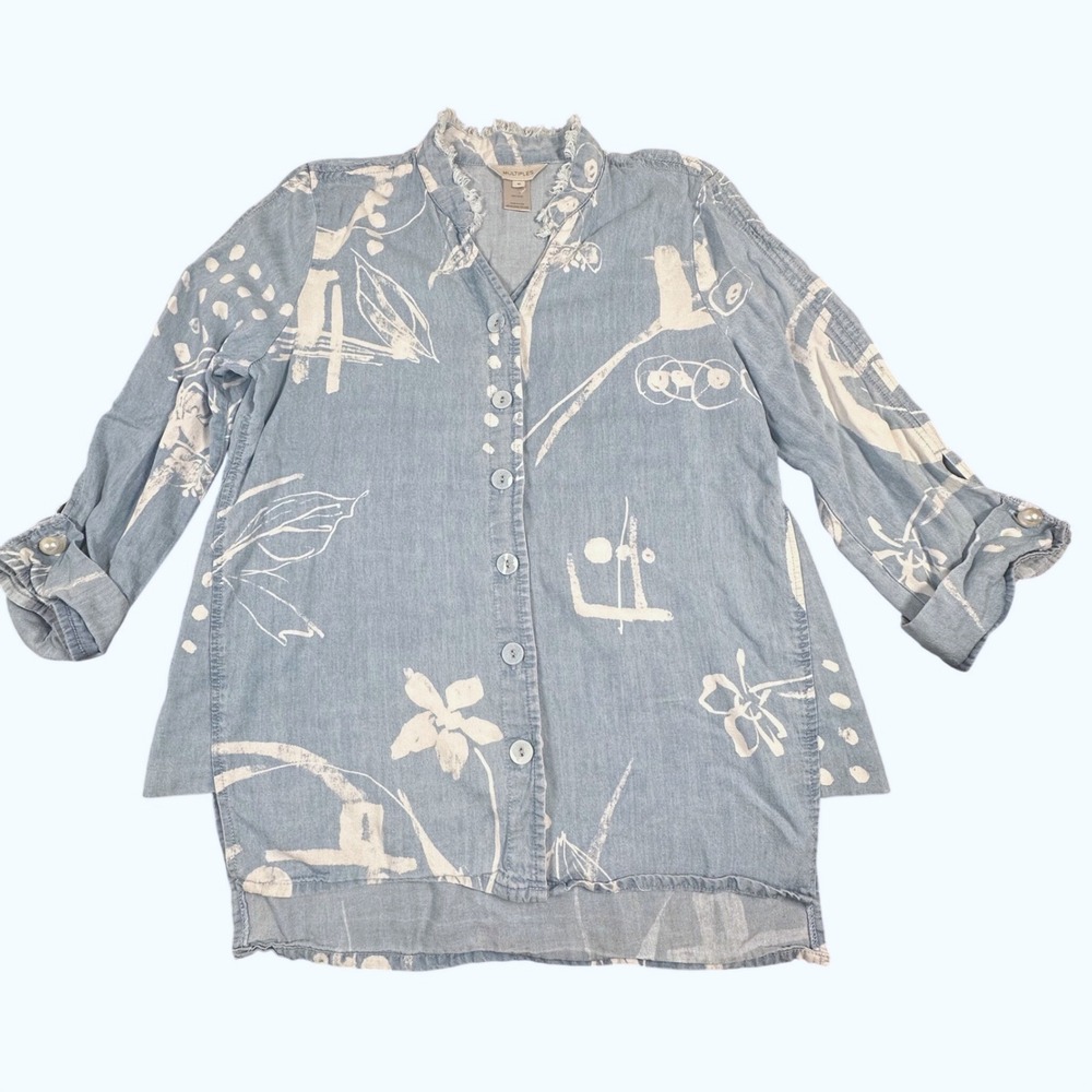 Multiples Women Blue Floral Lyocell Denim Tunic Frayed Collar Button Up Top M